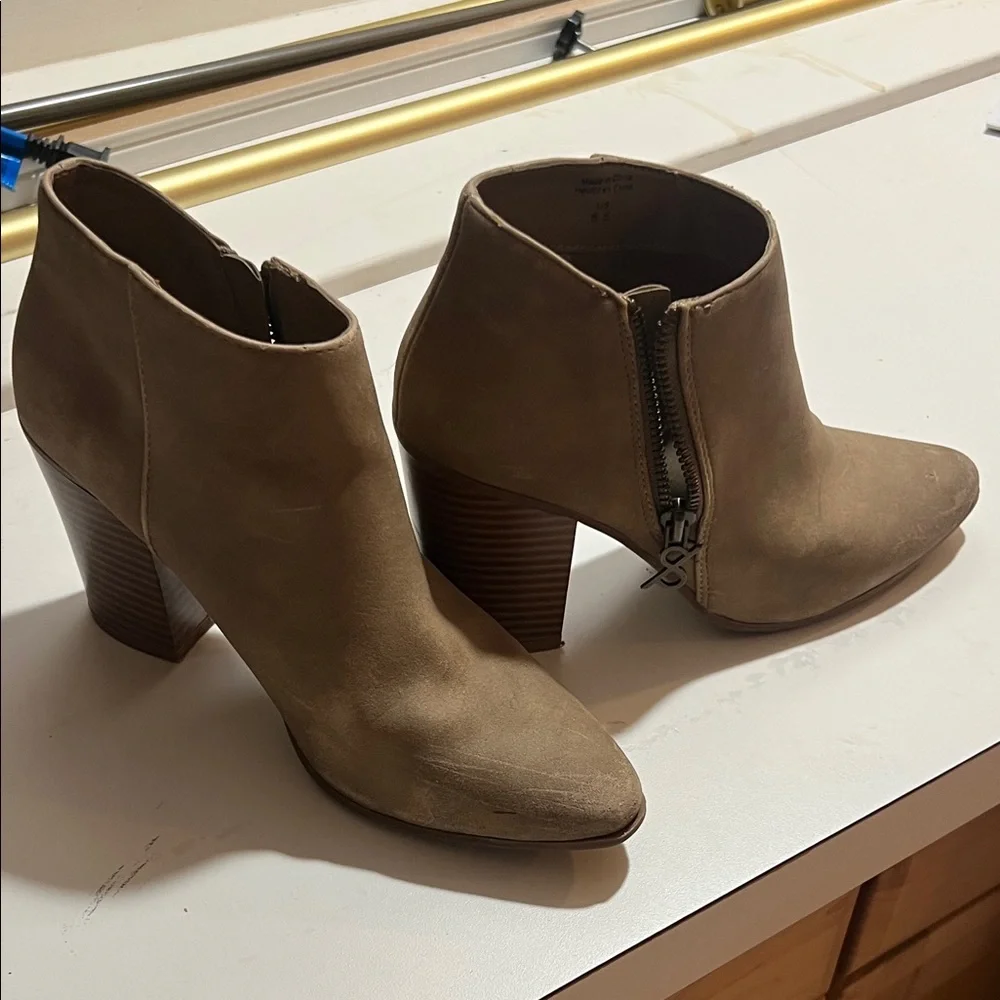 Parker Taupe Suede-Look Ankle Booties with Side Zip, 3in heel